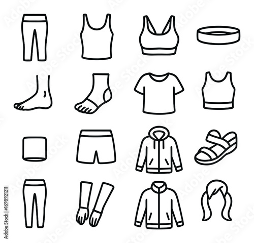 Fitness apparel linear icon set. featuring leggings, tank top, sports bra, headband, socks, jacket, and gloves.