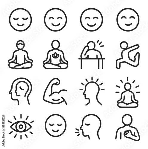 Mindfulness and wellness linear icon set. featuring yoga, meditation, relaxation, exercise, and mental health symbols