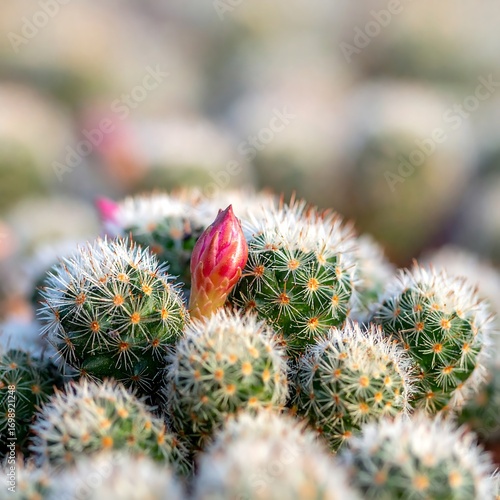 Close-up of a vibrant pink flower bud atop a cluster of small, spiny cacti, showcasing detailed textures and soft lighting.