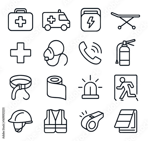Emergency equipment linear icon set. featuring first aid, ambulance, aed, gurney, cross, oxygen mask, phone, extinguisher, belt, bandage, siren, exit, helmet, vest, whistle, ramp