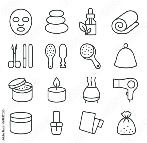 Spa and beauty linear icon set. featuring mask, stones, oil, towel, scissors, brush, candle, diffuser, dryer symbols