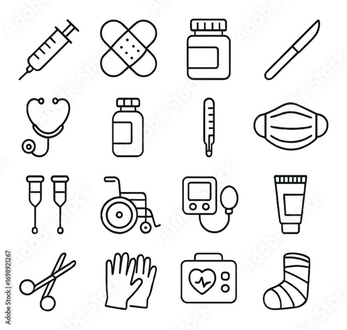 Medical supplies linear icon set. featuring syringe, bandage, pill bottle, scalpel, thermometer, and mask symbols
