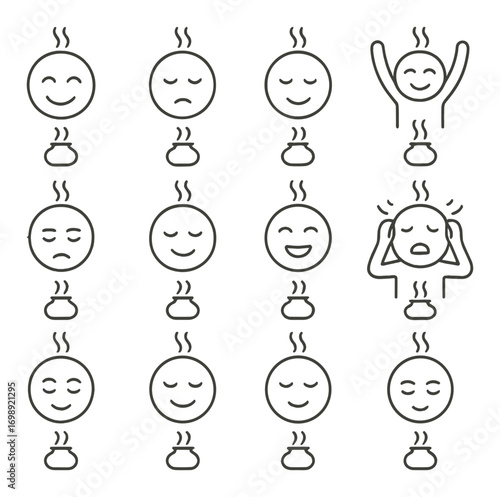 Aromatherapy emotion linear icon set. featuring happy, sad, stress, relaxed, meditation, calm, aromatherapy, scents, moods, and wellness symbols