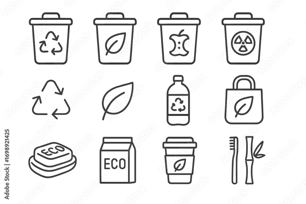 Obraz premium Eco and Recycling Line Icons Set – Sustainable Lifestyle, Waste Sorting, Zero Waste, Green Living