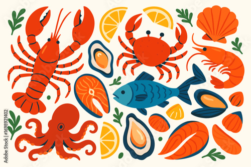 Seafood Collection – Lobster, Crab, Fish, Shrimp, and Shellfish Illustration
