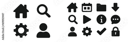 Collection of simple black icons representing home, search, user profile, settings, and information for design use