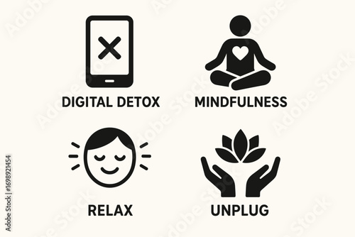 Digital Detox and Wellness Icons – Mindfulness, Relaxation, Meditation and Unplug Lifestyle Symbols
