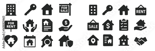 Icon collection representing real estate concepts including sale, rent, and property management activities