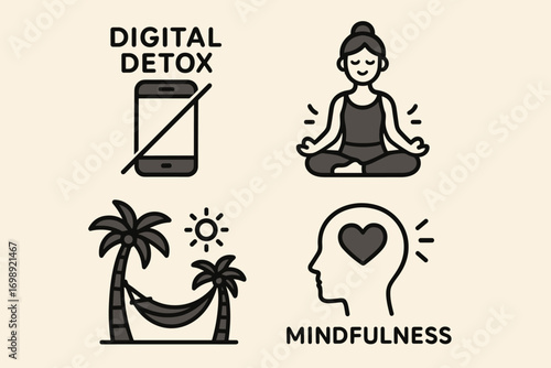Digital Detox and Mindfulness Icons – Meditation, Relaxation, Mental Health and Wellness Symbols
