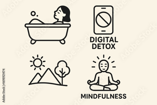 Digital Detox and Mindfulness Icons – Relax, Meditation, Wellness Set