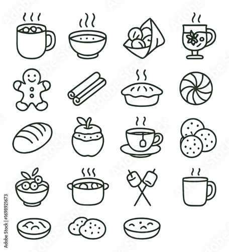 Winter treats linear icon set. featuring hot drink, soup, gingerbread, cinnamon, pie, candy, bread, mug