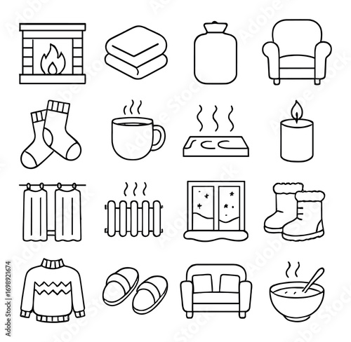 Cozy winter linear icon set. featuring fireplace, blanket, hot water bottle, armchair, socks, mug, heater, candle