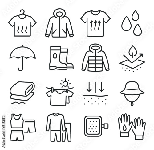 Apparel linear icon set. featuring humidity indicator, jacket, t-shirt, waterproofing, and rainwear icons