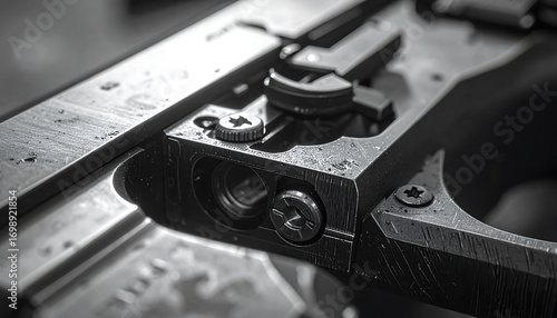 Wallpaper Mural Close-up view of intricate details on a gun's metal frame, showcasing textured surfaces and small screws. Torontodigital.ca