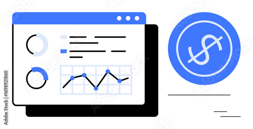 Analytics dashboard with charts, graphs, and dollar icon displaying financial metrics. Ideal for business, finance, investment, budgeting, technology economy and data-driven decision-making. A