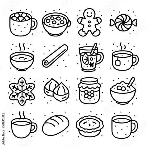 Winter drinks and treats linear icons set. featuring hot cocoa, soup, gingerbread, candy, cinnamon, and more