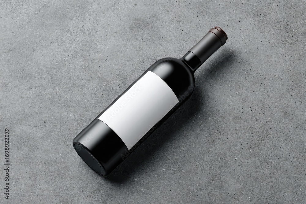 Fototapeta premium Dark bottle of wine, blank label, on gray surface