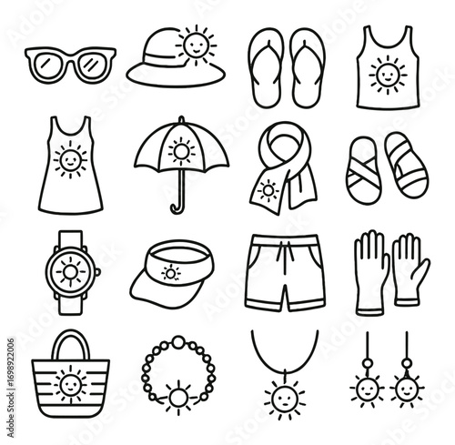 Summer silhouette icon set. featuring sunglasses, hat, flip-flops, tank top, umbrella, and gloves