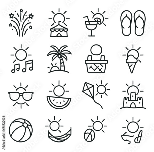 Summer activities linear icon set. featuring fireworks, tent, cocktail, flip flops, music, palm, picnic, ice cream