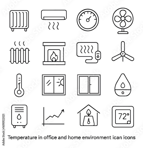 Temperature control linear icon set. featuring heater, air conditioner, thermostat, fan, and thermometer symbols