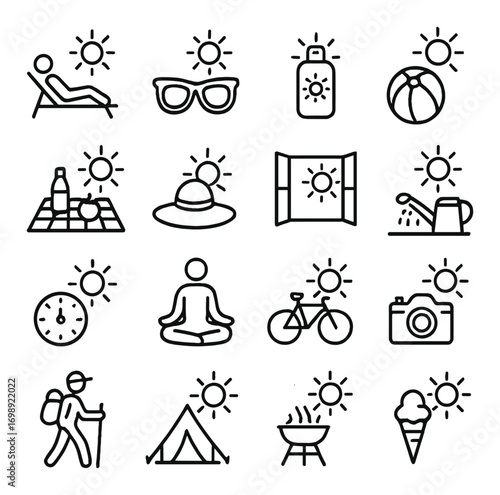 Outdoor activities linear icons set. featuring hiking, camping, cycling, picnic, and sun symbols