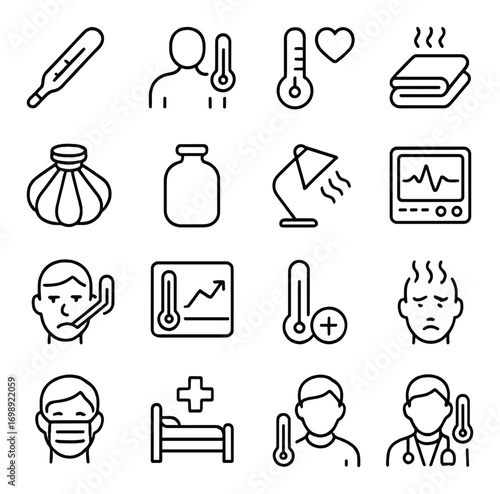 Healthcare linear icon set. featuring thermometer, doctor, mask, beds, remedies, diagnosis, fever, and health monitor
