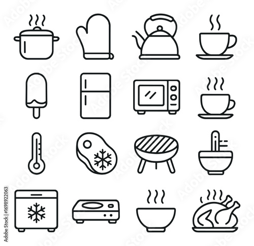 Cooking and kitchen linear icons set. featuring pot, oven mitt, kettle, tea cup, popsicle, fridge, microwave, thermometer, steak, grill, whisk, freezer, hot plate, soup, and roast chicken symbols