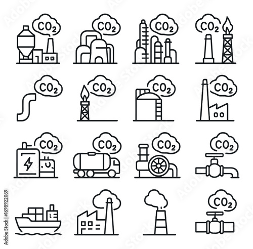 Environmental impact linear icon set. featuring factories, power plants, pipelines, oil rigs, ships, and emissions symbols
