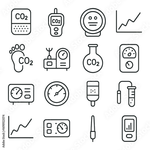 Environmental monitoring linear icon set. featuring co2, graph, barometer, test tube, and laboratory equipment