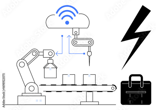 Robotic arm producing assembly line items connected to a cloud for data exchange and control. Ideal for automation, robotics, industry 4.0, AI, IoT, manufacturing innovation. Simple flat metaphor