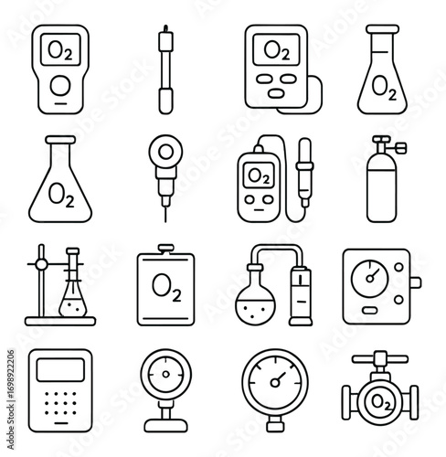 Chemistry equipment linear icon set. featuring oxygen sensor, gas cylinder, pipette, flask, and gauge symbols