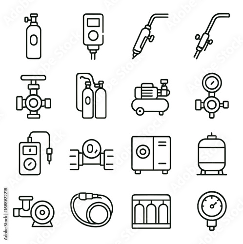 Medical equipment linear icon set. featuring oxygen tank, monitor, scalpel, ventilator, valve, and compressor
