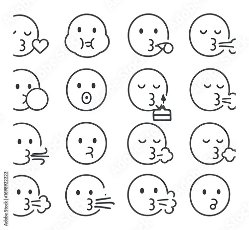 Emotions linear icons set. featuring kiss, cheek, whistle, bubble, candle, and blow symbols