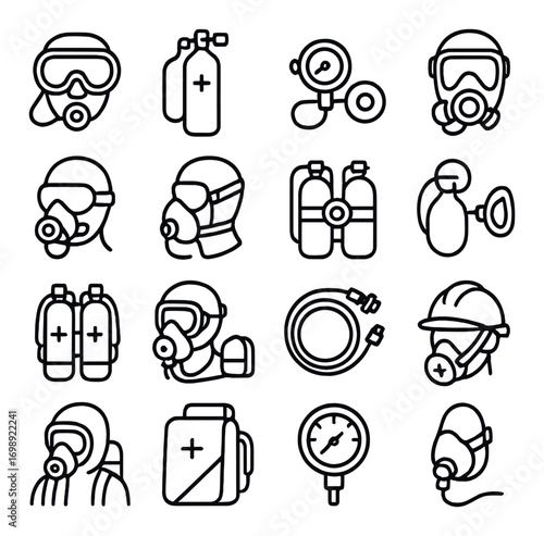 Safety equipment linear icon set. featuring gas mask, oxygen tank, helmet, regulator, hose, and gauge symbols