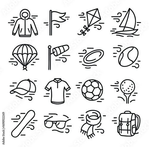Outdoor sports linear icon set. featuring hoodie, flag, kite, sailboat, parachute, windsock, frisbee, beach ball