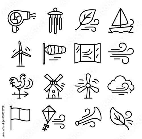 Wind and air linear icon set. featuring hairdryer, wind chime, leaf, sailboat, wind turbine, windsock symbols
