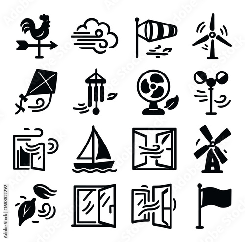 Weather-themed silhouette icon set. featuring rooster, cloud, windsock, turbine, kite, chime, fan, anemometer