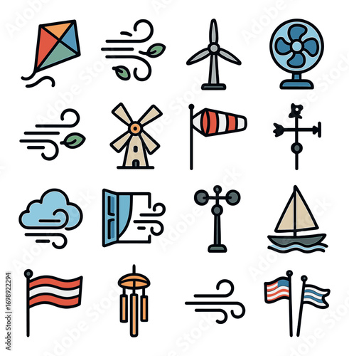 Weather flat icon set. featuring wind, kite, windmill, windsock, vane, cloud, door, anemometer, sailboat, flag, chime