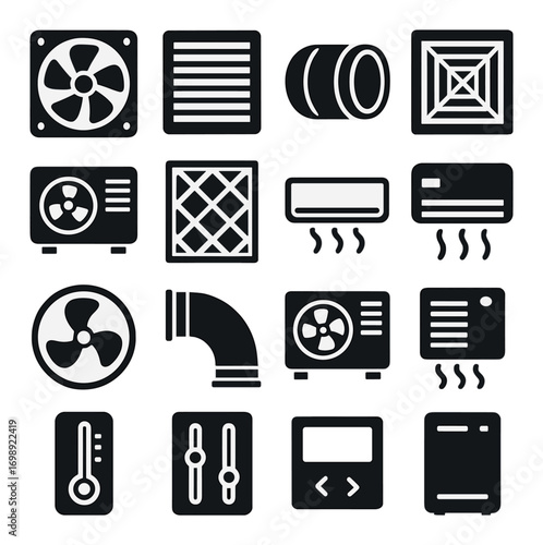 Hvac system silhouette icon set. featuring fan, vent, duct, filter, thermostat, and humidifier symbols
