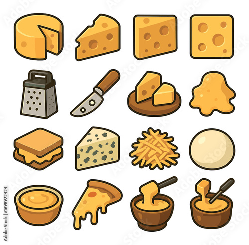 Cheese flat icon set. featuring cheddar, grater, knife, brie, fondue, gouda, swiss, and mozzarella symbols