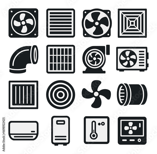 Hvac system flat icon set. featuring fan, vent, duct, air conditioner, thermostat, and heat pump symbols
