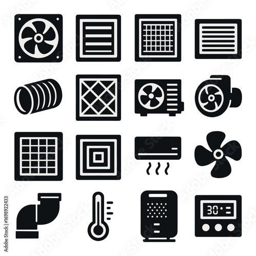 Hvac system silhouette icon set. featuring fan, vent, filter, duct, pump, air conditioner, thermometer, and thermostat