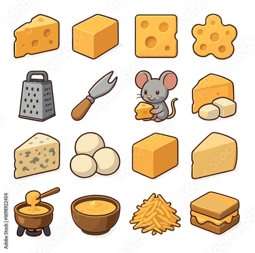Cheese and cooking flat icon set. featuring cheddar, mouse, grater, fondue, and sandwich symbols