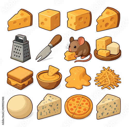 Cheese and snacks flat icons set. featuring cheese wedge, grater, knife, mouse, toast, dip, melted cheese, fries, camembert, pizza