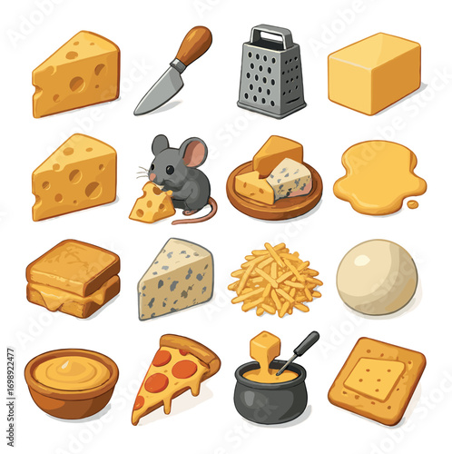 Food flat icon set. featuring cheese, knife, grater, butter, mouse, fondue, and pizza symbols
