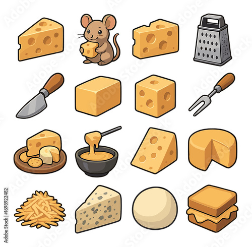 Cheese flat icons set. featuring cheddar, mouse, grater, knife, fondue, and wedge symbols