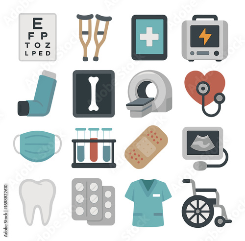 Medical equipment flat icon set. featuring eye chart, crutches, defibrillator, inhaler, mri, stethoscope