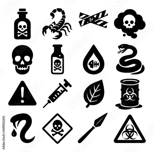 Hazard and toxic elements silhouette icon set. featuring poison, skull, snake, biohazard, syringes, scorpion