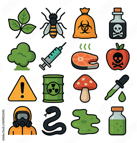 Toxic elements flat icon set. featuring biohazard, poison, contamination, hazard, syringe, and pollution symbols