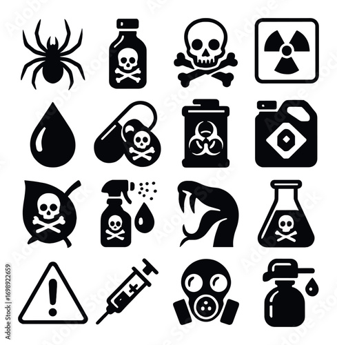 Hazard silhouette icon set. featuring skull, biohazard, radiation, snake, and poison symbols